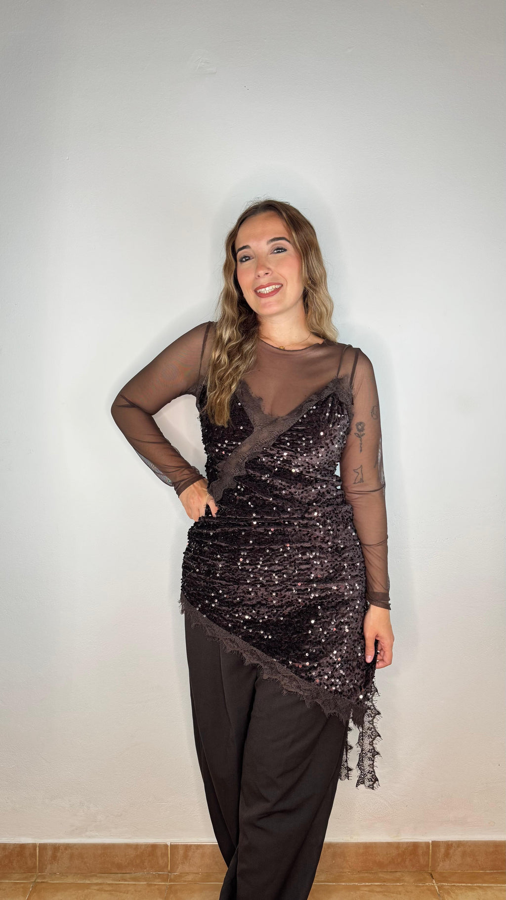 Camiseta transparente tul Marrón